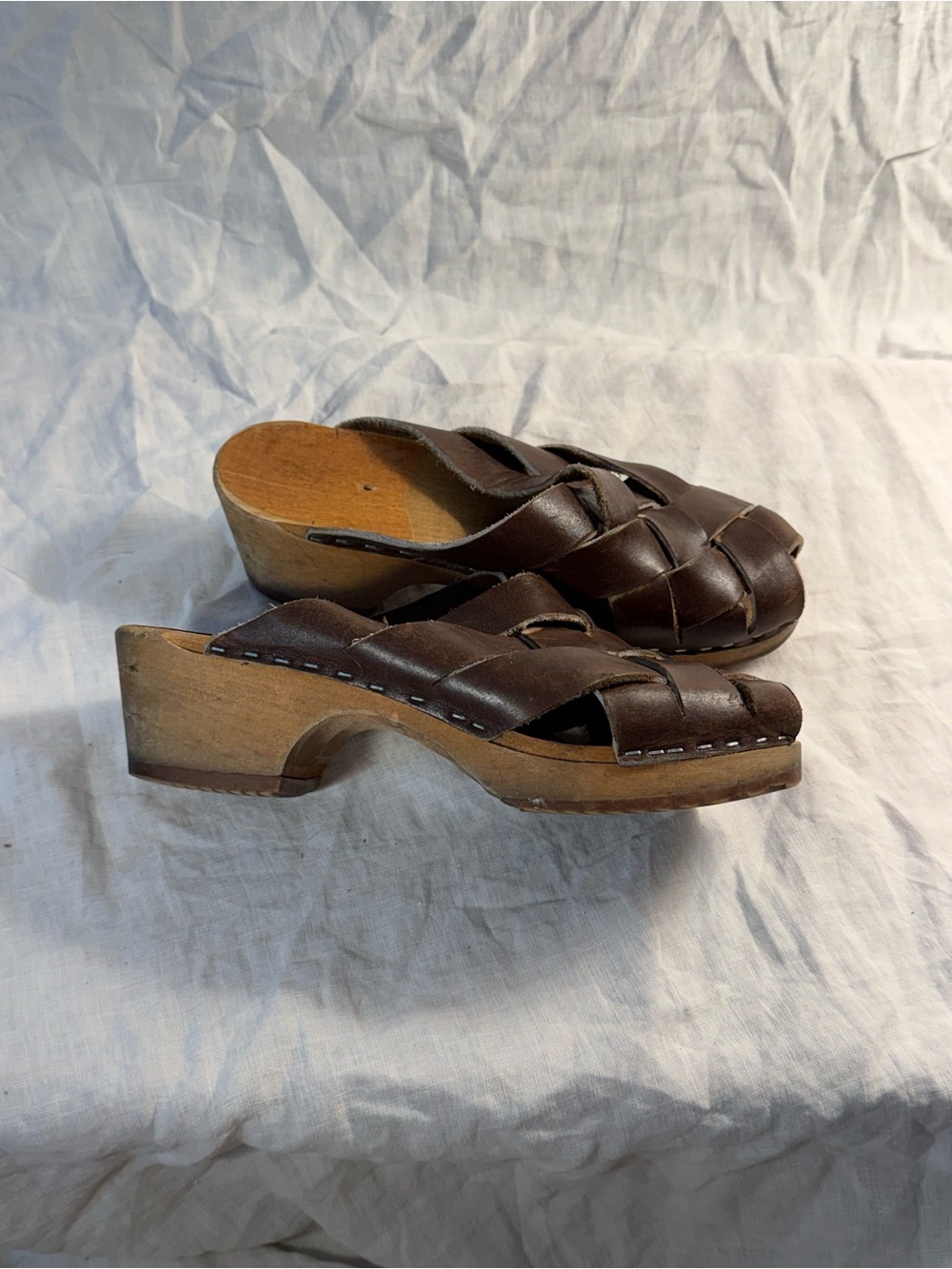 Vintage Holie Brown Woven Leather Clog Mules